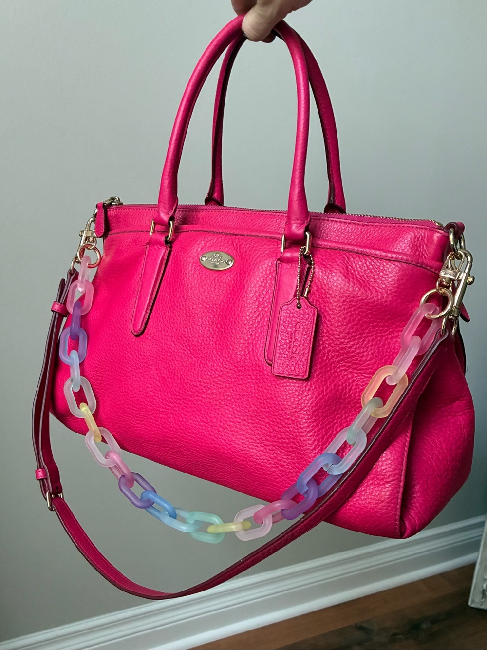 Coach Pink Pebbled Leather Satchel with Rainbow Chain EUC - Picture 16 of 16